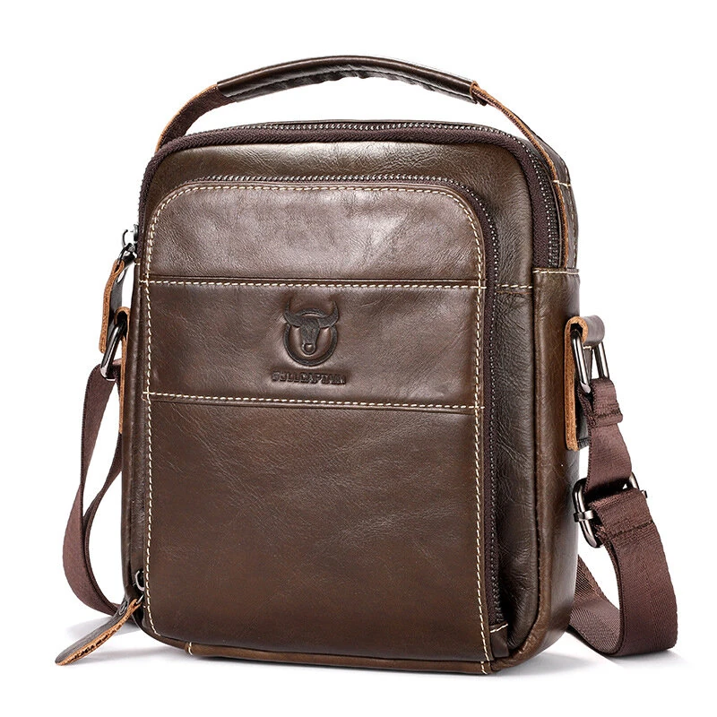 (image for) BULLCAPTAIN Genuine Leather Men Shoulder Bags Vintage Small Flap Crossbody Briefcase Handbag Vintage Messenger Bag